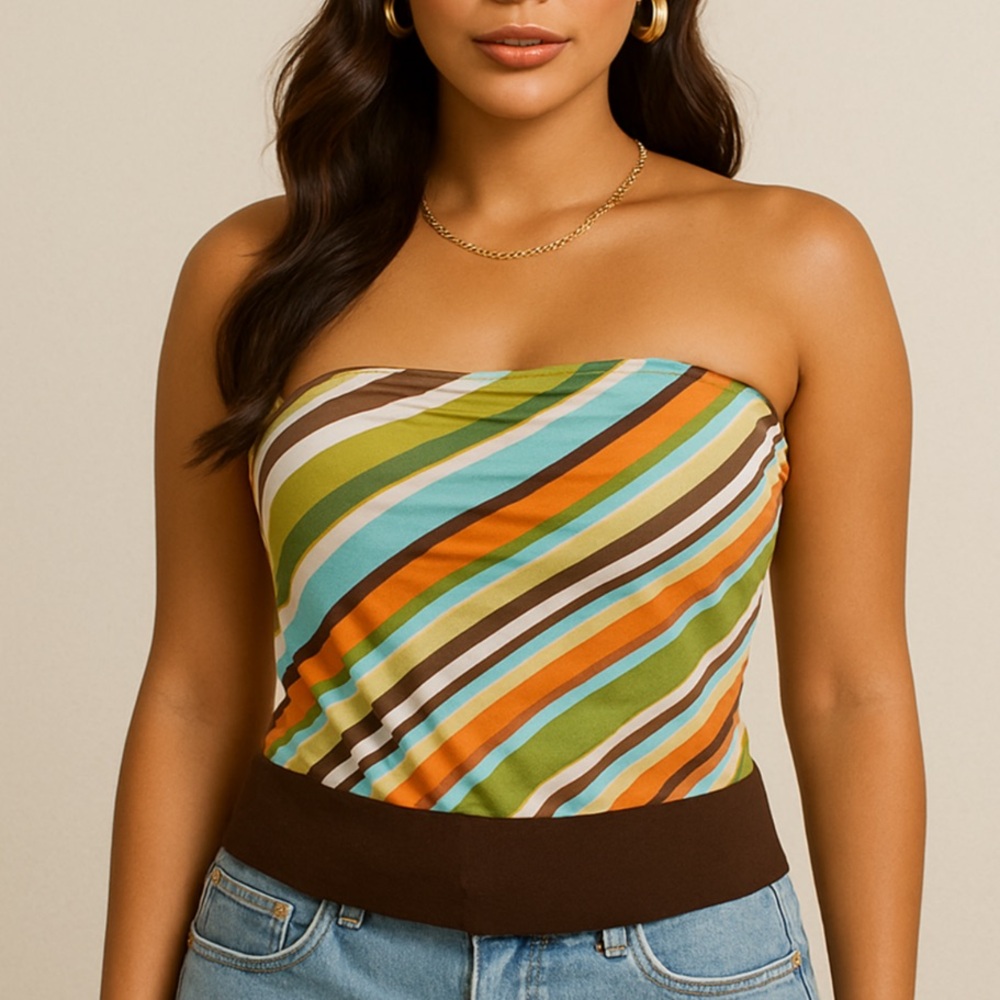 Striped Stretchy Tube Top with Brown Band
